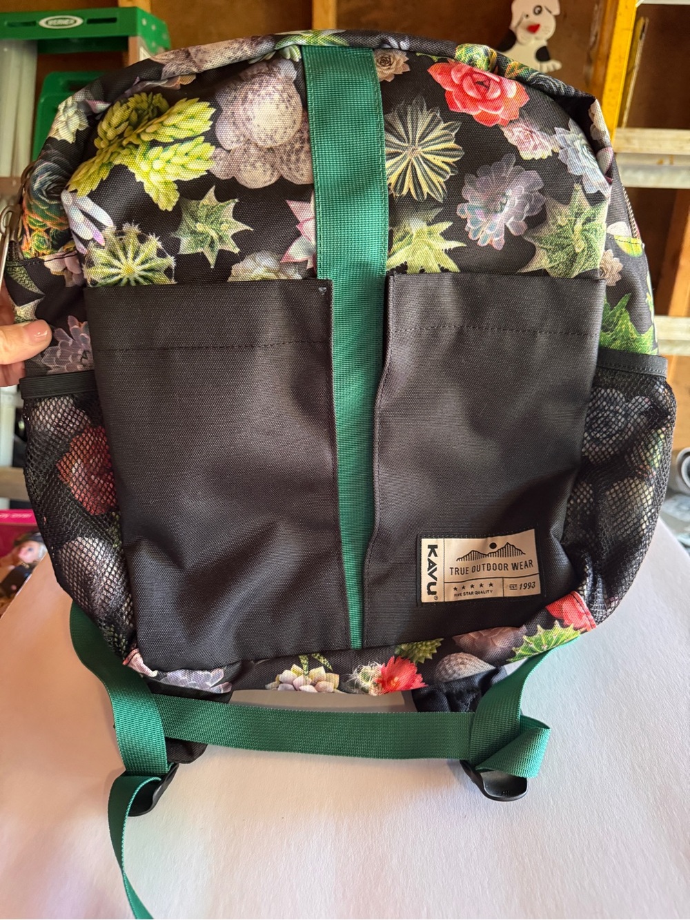 Kavu Black Backpack with Green Straps and Multicolor Succulent Print